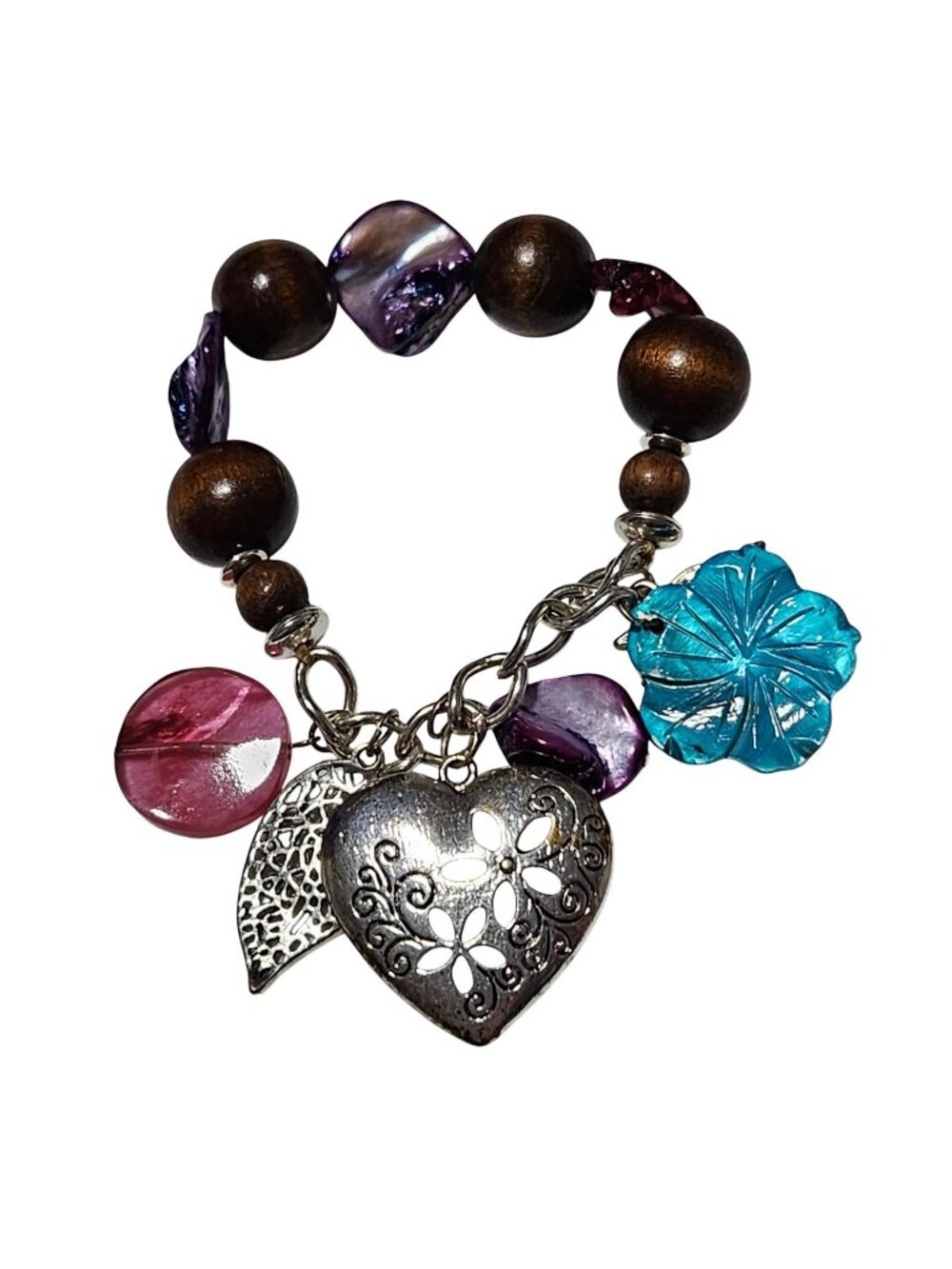 Handcrafted Charm Bracelet Wooden Beads Metal Heart Bird Blue Floral Charms